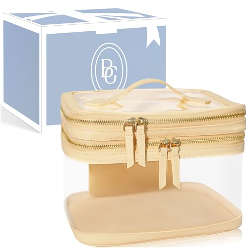 Clear Travel Makeup Bag for Women Organizer with Handle Beige, Extra Large Transparent Makeup Bag Toiletry Organizer with Zipper, Clear Cosmetic Travel Bags for Women Skincare Organizer for Traveling
