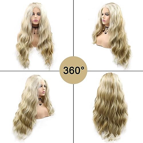 613 Lace Wig Blonde Curly Lace Front Wigs Brown Blonde Highlight Long Water Wave Synthetic Lace Front Wig Pre-plucked Hairline Glueless Wigs for Black Women Girls Daily Party 26 Inch