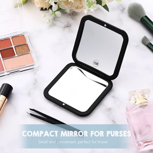Geetery Travel Compact Magnifying Mirror with Tweezers, 1X/15X Magnification, 3.35'' x 3.35'' Pocket Size, Folding Makeup Mirror, Portable for Travel and Purses (Black)