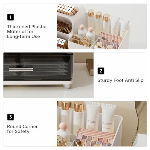 Makeup Organizer for Vanity with Brush Holder, Countertop Skincare Organizer with 2 Drawers, Spacious Cosmetic Display Case for Perfumes, Eyeshadow Palettes, Nail Polishes