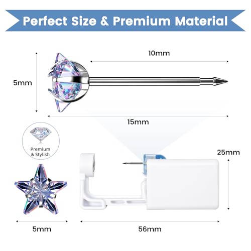 12 Pcs Ear Piercing Kit Disposable Ear Piercing Gun Kit with 4 Pcs 5 Prong Setting Cubic Zirconia Rainbow Star Earrings Stud 316L Stainless Steel Easy to Use Self Ear Piercer Gun Kit Silver