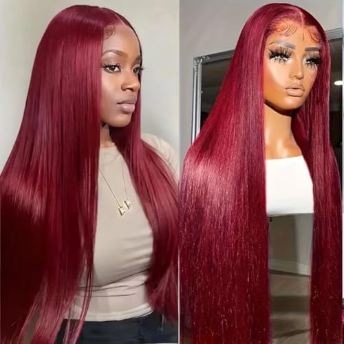 LICHANG 30 Inch 99J Straight Lace Front Wigs Human Hair Red Colored Wig Pre Plucked with Baby Hair for Black Women, 13x6 Burgundy Lace Frontal Wig Brazilian Virgin Human Hair Glueless