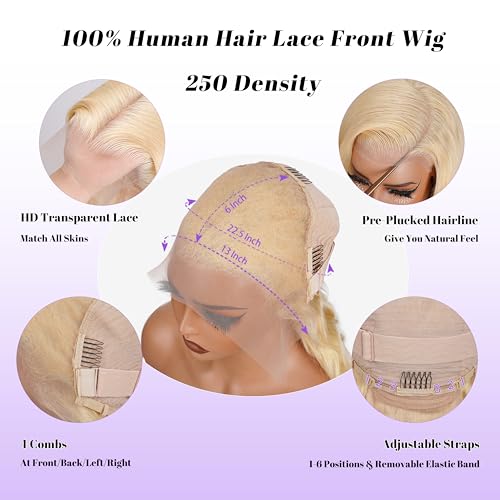 613 13x6 Lace Front Wig Human Hair Pre Plucked 250 Density 20 Inch Body Wave Blonde Wig Human Hair 613 HD Lace Frontal Wigs 13x6,100% Real Human Hair No Tangle No Shedding Triple Lifespan 3X