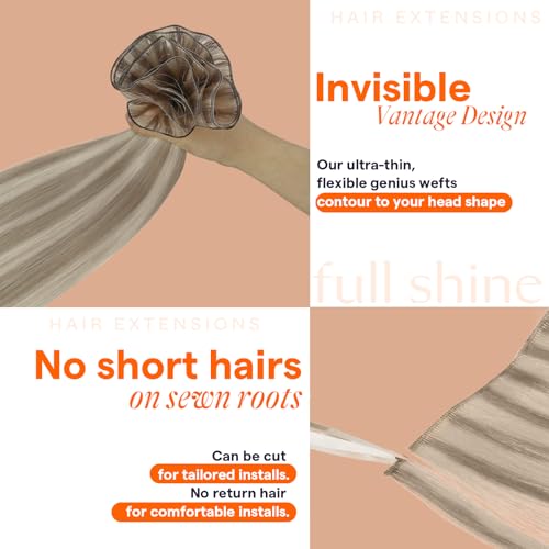 Full Shine Genius Weft Hair Extensions Color Ash Blonde Mix Bleach Blonde Hair Extensions Sew In Hand Tied Weft Extensions Soft Straight Hair For Women 24 Inch 80G