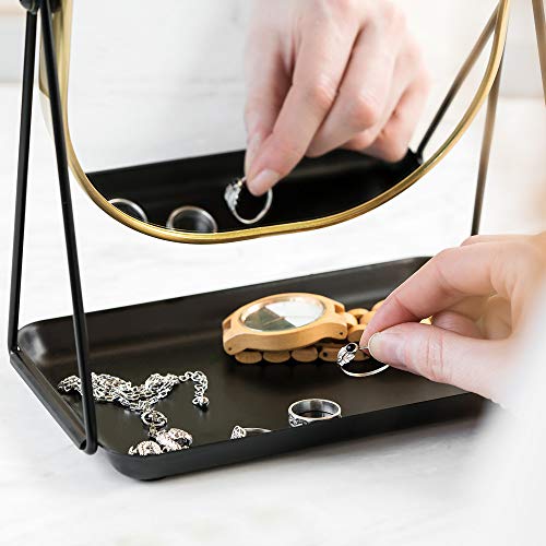Navaris Magnifying Table Top Mirror - Double-Sided 1x/3x Magnification Vanity Makeup Mirror with Tray - For Bathroom, Bedroom, Desk - Black and Gold