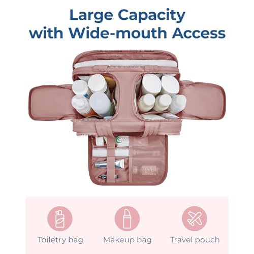 BAGSMART Travel Toiletry Bag, Lightweight Large Wide-open Travel Bag for Women, Puffy Cosmetic Makeup Bag Organizer with Handle for Accessories,Essentials, Toiletries, Dark Pink