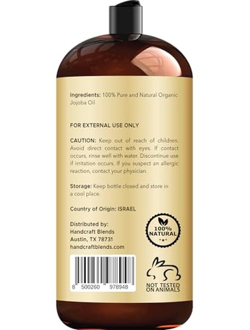 Handcraft Blends USDA Organic Jojoba Oil | Cold-Pressed | 28 Fl Oz | 100% Pure & Natural | for Hair, Skin & Face | Premium Grade Carrier Oil | for Massage & Aromatherapy | Hexane-Free