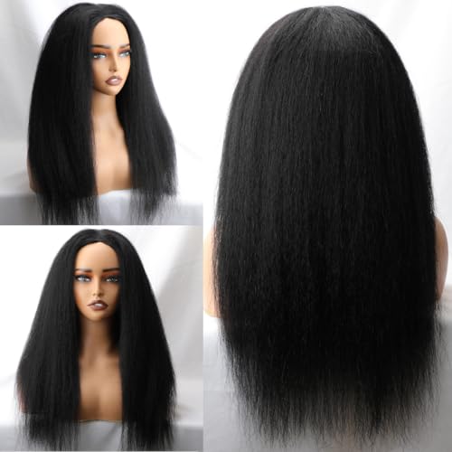 Kinky Straight Half Wig Human Hair Glueless Wigs 3 In 1 Half Wig Human Hair 180% Density Drawstring Seamless Flip Over Wear and Go Wig Invisible Hairline Beginner Friendly 24 Inch