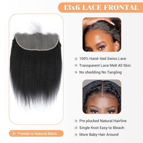 13x6 Lace Frontal Human Hair Kinky Straight 22 Inch HD Transparent Ear to Ear Lace Closure With Baby Hair Free Part 100% Virgin Human Hair Frontal Natural Black