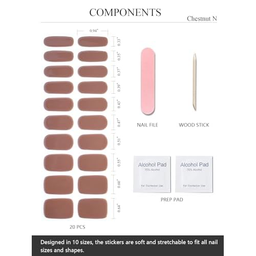 Semi Cured Gel Nail Strips (Chestnut N), Brown, 20 Pcs Fall Gel Nail Wraps, Stickers, UV Light Required, Salon Quality