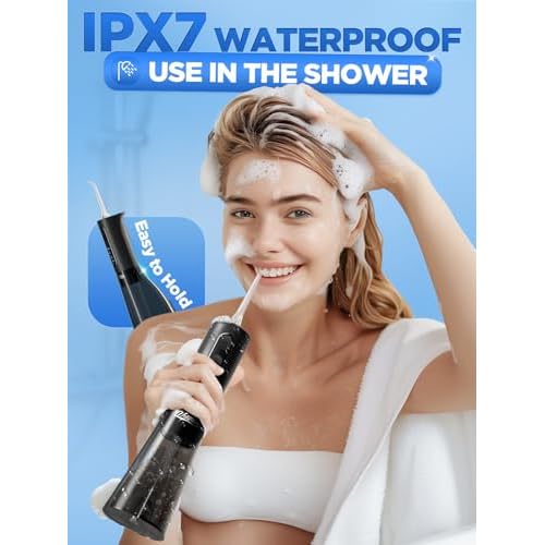 Water Dental Flosser Teeth Pick: WELLFINE Portable Cordless 4 Modes Flossers Pic 300ML Rechargeable Floss Pik Powerful IPX7 Waterproof Oral Irrigator for Cleaning Gum Care Braces for Home Travel