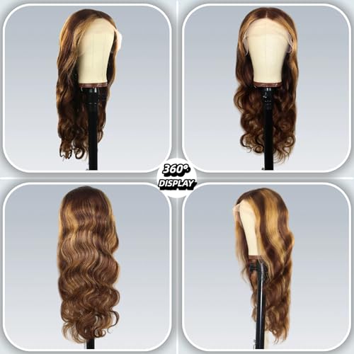 13x4 Lace Front Wig Human Hair 30 Inch Glueless 180% Density Body Wave Honey Blonde Ombre HD Lace Pre Plucked with Baby Hair Frontal Wigs for Women (#4/27)