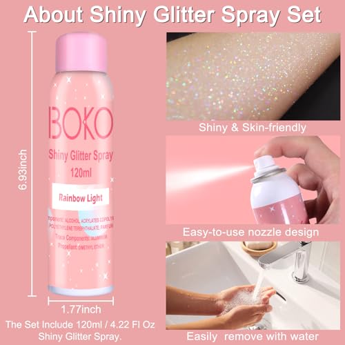 Boko Body Glitter Spray, 120ML Holographic Silver Shiny Glitter Spray for Body Hair Clothes, Quick-Drying and Long-Lasting Body Shiny Glitter Hairspray for Festival Party Concert Rave Accessories