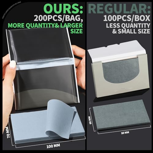 Blotting Paper for Oily Skin, Natural Bamboo Charcoal Blotting Paper, Oil Blotting Sheets for Face, 100 * 70MM Large Oil Absorbing Sheets Makeup Face Tissues, 200 Counts