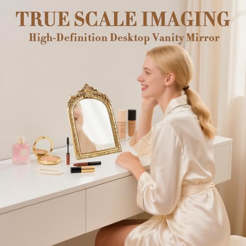 YUSONG Vintage Makeup Mirror for Tabletop - 8" Antique Gold Arched Desk Mirrors with Resin Frame Vanity Table Mirror for Bedroom Living Room Retro Decor