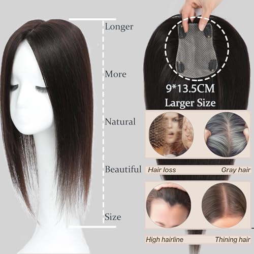 Hair Toppers for Women Real Human Hair, 360¡Æ 3D Human with Thinning Upgrade Middle Part Clip in Bangs Topper Hair Pieces for Women Daily(Medium Dark Brown, 18 Inch-3D-Side)