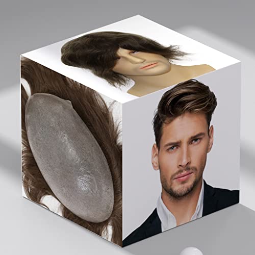Men toupee Toupee for Men 0.06mm Ultra Soft Transparent Thin Skin All V-looped Natural Hairline Mens Hairpieces European Virgin Human Hair Systems Wigs 8x10 inches (#7 Lightest Brown Color)