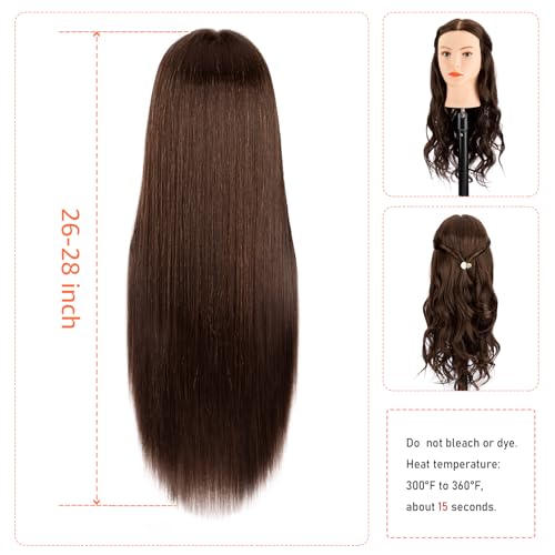 Mannequin Head with 80% Human Hair,26"-28" Cosmetology Human Hair Mannequin Head Hairdressers Practice Doll Head for Hair stly with Free Clamp Holder (#4 Dark Brown)