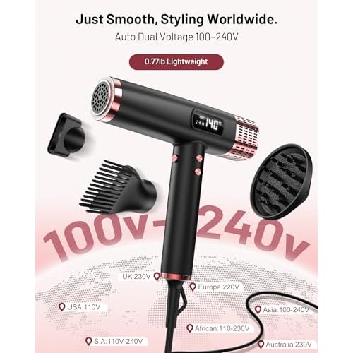 Dual Voltage Ionic Hair Dryer with Diffuser - 1875W High-Speed Blow Dryer for Women, Fast Drying, No Heat Damage, Low Noise, Lightweight, European Travel 110V-120V/220V-240V, Gifts for Women