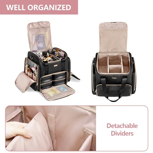 Rolling Makeup Case with 4 Removable Bags, Professional Makeup Train Case with Wheels, Makeup Artist Travel Bag with Brushes Storage Section, Black (Patent Design)