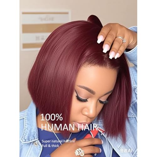 99J Burgundy Yaki Straight Bob Wig Human Hair Kinky Straight Lace Front Wigs Human Hair Pre Plucked with Baby Hair Pre Cut Lace Wig Short Wine Red Blunt Cut Bob Wigs 12 Inch