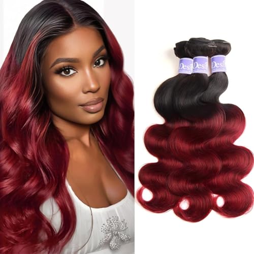 1B/99J/Red Ombre Body Wave Human Hair Bundles 12A Grade 3 Tone Black Burgundy Red Human Hair Bundles 22 24 26Inch Unprocessed Virgin Hair Body Wave