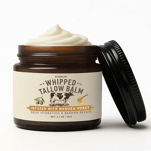 Whipped Tallow Honey Balm, Beef Tallow for Skin Face, 100% Organic Grass-Fed Beef Tallow Balm with Raw Honey, Hydrating Repairing Tallow Face Moisturizer for Dry & Sensitive Skin, Unscented, 2 Oz