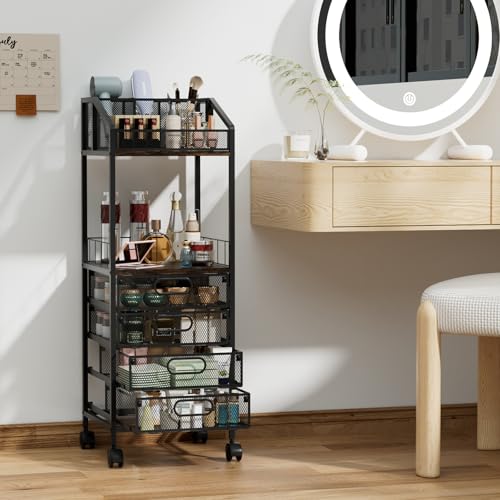 HapiRm Makeup Organizer Storage Cart - Floor Skincare Make Up Storage with 4 Drawers, Rolling Makeup Cart Vanity Organizer Cosmetics Display Cases Holder for Skin Care Perfume Nail Polish
