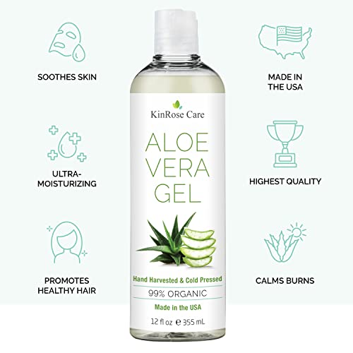 12oz Organic Aloe Vera Gel for Face, Skin, Hair & Sunburn Relief - From 100 Percent Pure Aloe Vera - Cold Pressed, Vegan, Unscented - Made in USA.