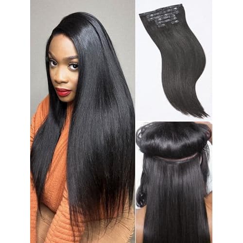 LUVME Yaki Straight Seamless 2 Pack 220g 14Pcs Clip in Hair Extensions Full Max with 16inch Natural Black 100% Real Soft Human Remy Human Hair Extensions