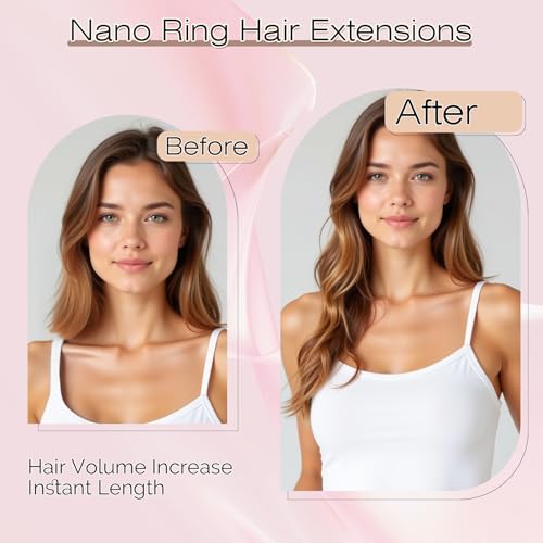 SEGO Nano Bead Hair Extensions Human Hair, 1g/Stand, 50g/pack, Add Volume, Length, and Highlights, Nano Nano Ring Tip Hair Extensions for Women, 16 Inch, Light Brown