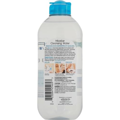 Garnier Micellar Water For Waterproof Makeup, Hydrating Facial Cleanser & Makeup Remover, Suitable for Sensitive Skin, Vegan, Cruelty Free, 13.5 Fl Oz (400mL), 1 Count