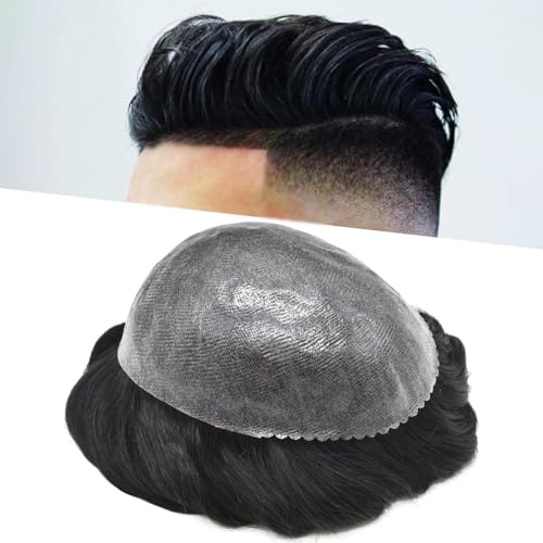 Toupee For Men Hair Piece Human Hair Replacement System Durable Mens Hair System Durable PU Iniection Mens Toupee Hair Pieces Natural Looking(8"x10"- #1B OFF BLACK)