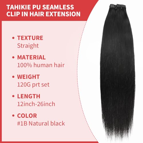 Seamless Clip in Hair Extensions Real Human Hair Full Head Natural Black PU Seamless Hair Extensions Straight 8pcs 120g Clip ins 100% Remy Human Hair Extensions For Women (26 inch, #1B)