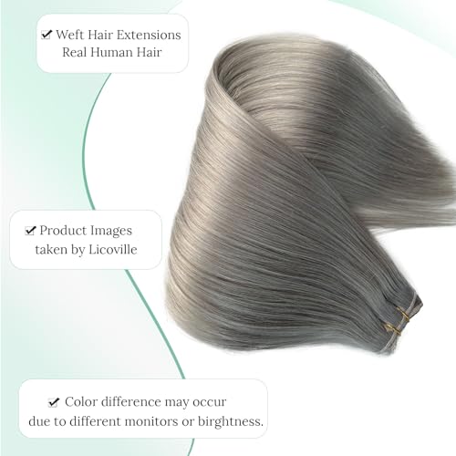 12 Inch Silver Grey Weft Sew in Hair Extensions Real Human Hair Weft Bundles, Hand Tied Silver Gray Sew in Weft Human Hair Extensions, 80G Per Bundle with Thick Full Ends