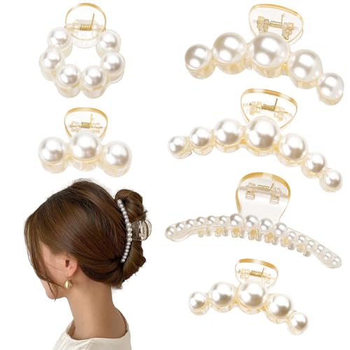 Leezmark 6 PCS Pearl Hair Clips, Wedding Hair Clip for Thick Long Thin Curly Hair White Fancy Big Claw Clips Hair Accessories for Women, Girls