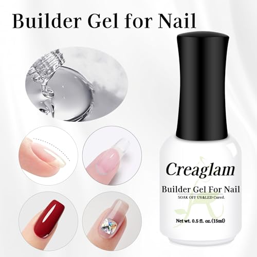 Builder Gel for Nails, 7-in-1 Clear Hard Gel for Rubber Base, Apex Building, Thickening Extensions and Rhinestone Glue, LED/UV Lamp Cured for DIY & Salon and Gift (15ml)