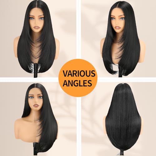 NOSTALGIA Black Wear and Go Glueless Wigs Straight Lace Front Wig Pre Cut Glueless Synthetic Layered Wig 24 Inch Middle Part Closure Wig For Women