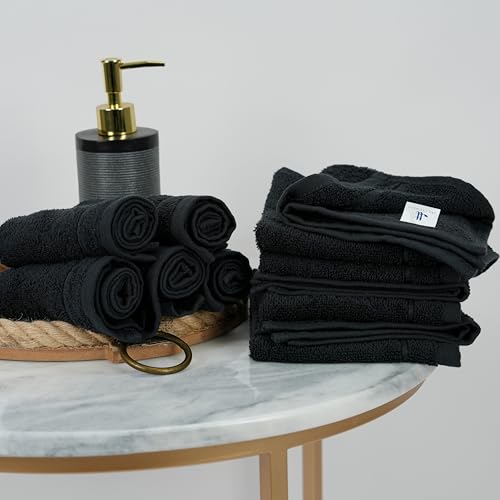Tens Towels Pack of 60 Washcloths, 12 x 12 Inches, Lighter Weight, Quick to Dry, Super Soft & Absorbent, Gentle Face Towels, Hotel Quality, Perfect for Bathroom, Gym, Spa (Black, 60 Pack)