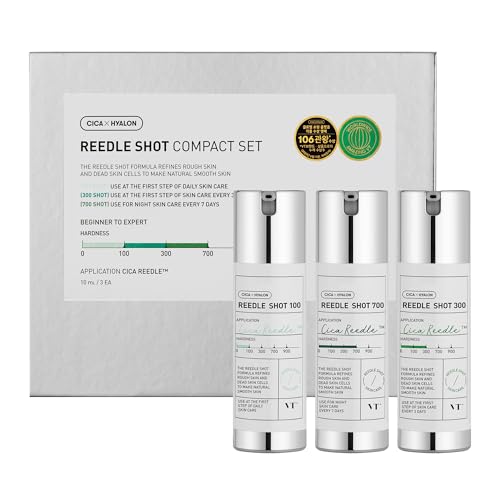 VT COSMETICS Reedle Shot Compact Set, Microneedling Serum Gift Set with Reedle Shot 100, 300, 700, Exfoliating, Anti-Aging, Travel Size Skincare for Women, Holiday Gift (0.34 oz / 10ml Each)
