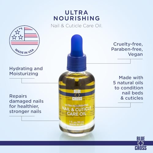 Blue Cross Nail & Cuticle Care Oil, Mineral Oil Free, Hydrating, Moisturizing, All Natural Professional Nail + Cuticle Care, Lemongrass/Lavender Scented Essential Oils, Made in USA, 1 floz/30mL