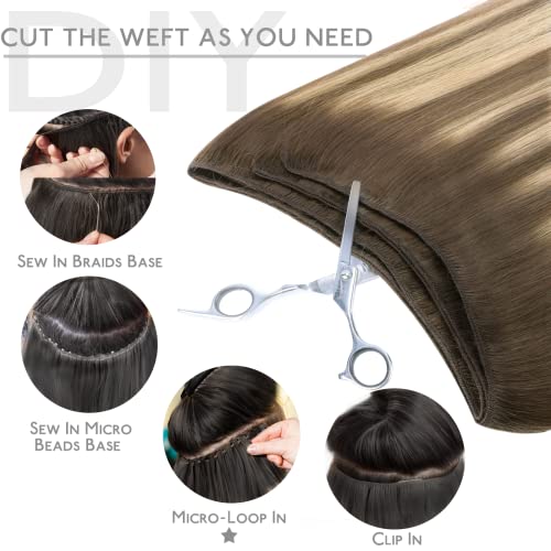 WENNALIFE Sew in Hair Extensions Real Human Hair, 24 Inch 120g Balayage Chocolate Brown to Caramel Blonde Machine Weft Hair Extensions Remy Hair Hand Tied Weft