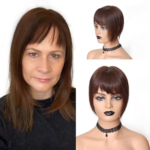Hair Topper with Bangs Crown Coverage 5 * 5.5'' Cap size, 130% Density Straight Remy Hair Full Hand Tied Hair Piece (Medium brown, Bangs 4#, 10 Inch)