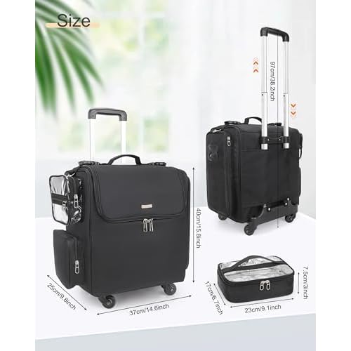 Relavel Rolling Makeup Train Case, Hairstylist Traveling Bag with 4 Wheels, Heat Insulation Full Layer, Adjustable Dividers, Hair Tools and Cosmetics Storage Organizer Trolley Suitcase Makeup Cart