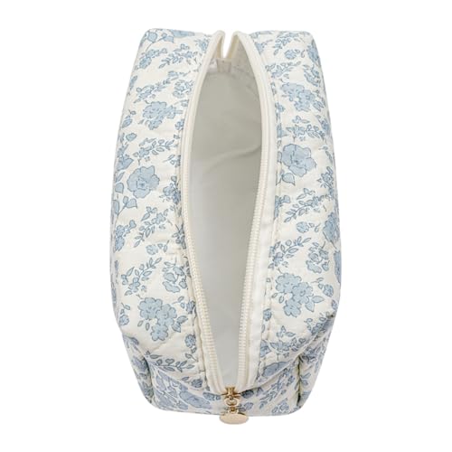 Cute Floral Makeup Bag Small Cotton Quilted Cosmetic Bag, Aesthetic Essential Bag Emergency Bag Gift for Women Girls Travel Accessories (Blue Floral)