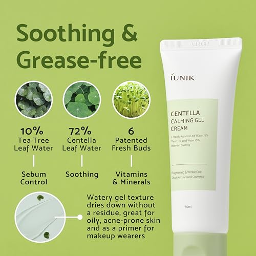 IUNIK Centella 70% Calming Gel Cream Vegan Non-Sticky Moisturizing Blemish Care w/Centella Asiatica Tea Tree 10% Soothes Acne Rosacea Oily & Sensitive Skin Korean Skincare BOGO 1+1
