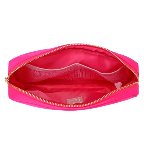 BLOC Bags Travel Makeup Bag, Cosmetic Bags for Women, Medium Cute Toiletry Bag, Make up Bag, Beauty Bag with Chenille Patch and Top Zipper, Inside Zipper Pouch and Mesh Pockets (White Heart, Hot Pink)