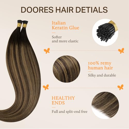 DOORES Itip Remy Hair Extensions,24 Inch 100g 100s Itip Human Hair Extensions,Balayage Dark Brown to Chestnut Brown I Tip Hair Extensions Cold Fusion Hair Extensions Natural Smooth Hair