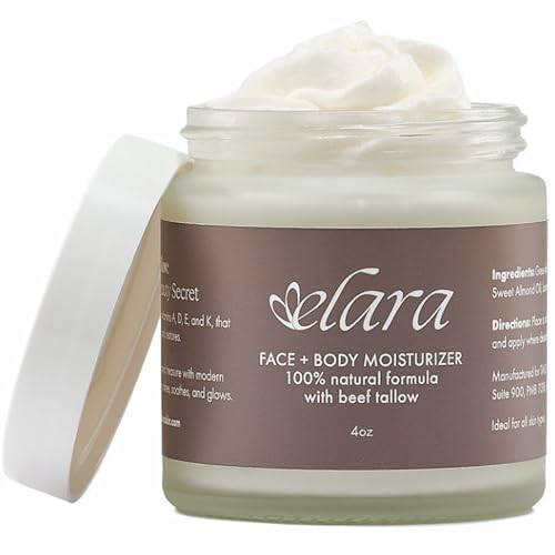 Elara Beef Tallow For Skin - Whipped Tallow Balm For Face And Body - 100% Grass-Fed Tallow Skin Balm With Marula And Sweet Almond Oil - 4 Fl. Oz. - Lavender