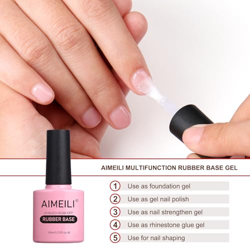 AIMEILI Hema Free Rubber Base Gel For Nails, Soak Off U V LED Clear Sheer Gel Nail Polish, 4 in 1 Nail Strengthen/Enhance/Base Coat/Color Set Of 6pcs X 10ml - Kit 45